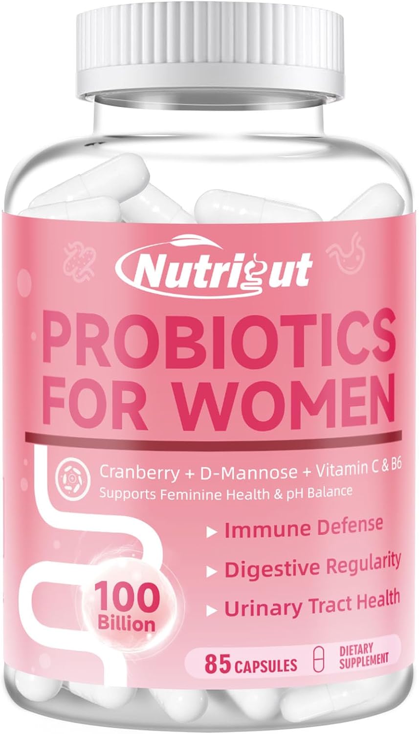 Women's Gut Health Probiotics: 100 Billion CFUs, Prebiotics, Digestive Enzymes, Vaginal Probiotics with Cranberry, D-Mannose, pH Balance - 85 Capsules