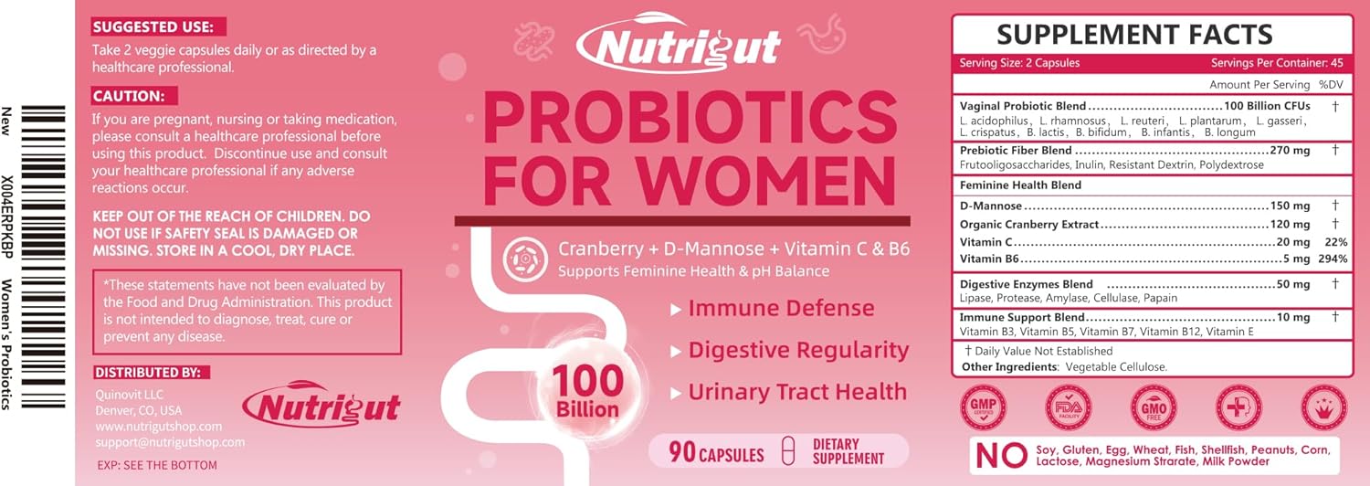 Women's Gut Health Probiotics: 100 Billion CFUs, Prebiotics, Digestive Enzymes, Vaginal Probiotics with Cranberry, D-Mannose, pH Balance - 85 Capsules