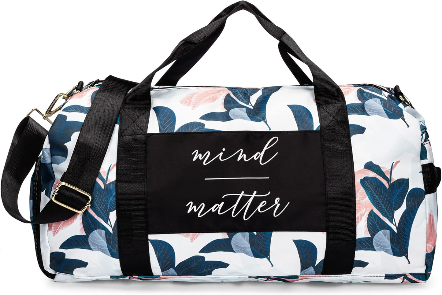 Women's Gym Duffle Bag with Shoe Compartment, Wet Pocket, Motivational Quote - White/Navy - Guava Leaf