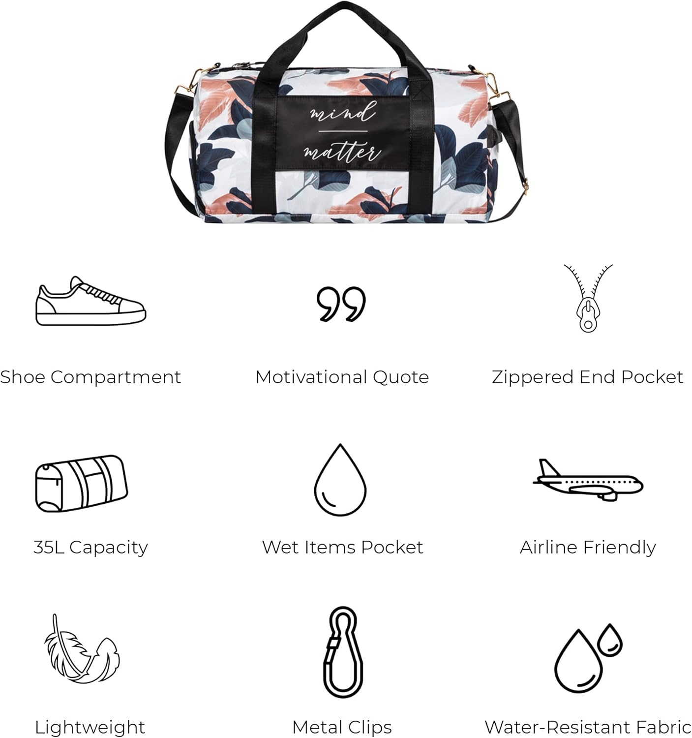 Women's Gym Duffle Bag with Shoe Compartment, Wet Pocket, Motivational Quote - White/Navy - Guava Leaf