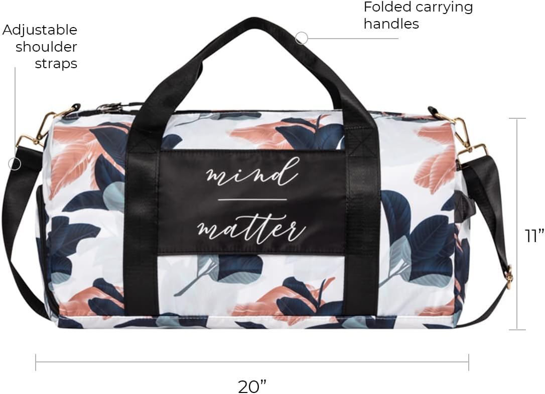 Women's Gym Duffle Bag with Shoe Compartment, Wet Pocket, Motivational Quote - White/Navy - Guava Leaf