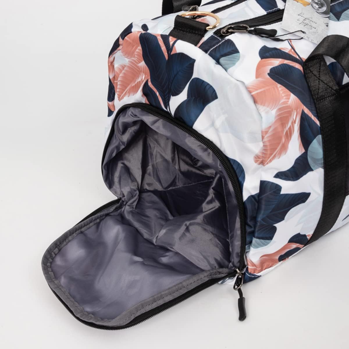 Women's Gym Duffle Bag with Shoe Compartment, Wet Pocket, Motivational Quote - White/Navy - Guava Leaf