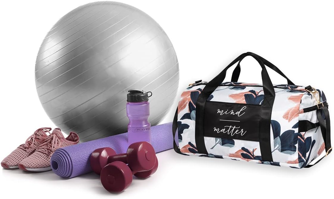 Women's Gym Duffle Bag with Shoe Compartment, Wet Pocket, Motivational Quote - White/Navy - Guava Leaf