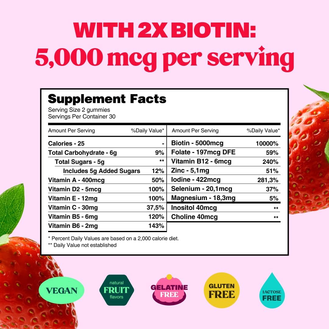 Women's Hair Growth Gummies with Biotin - Non-GMO Vegan Hair, Skin, and Nails Vitamins - 60 Gummies