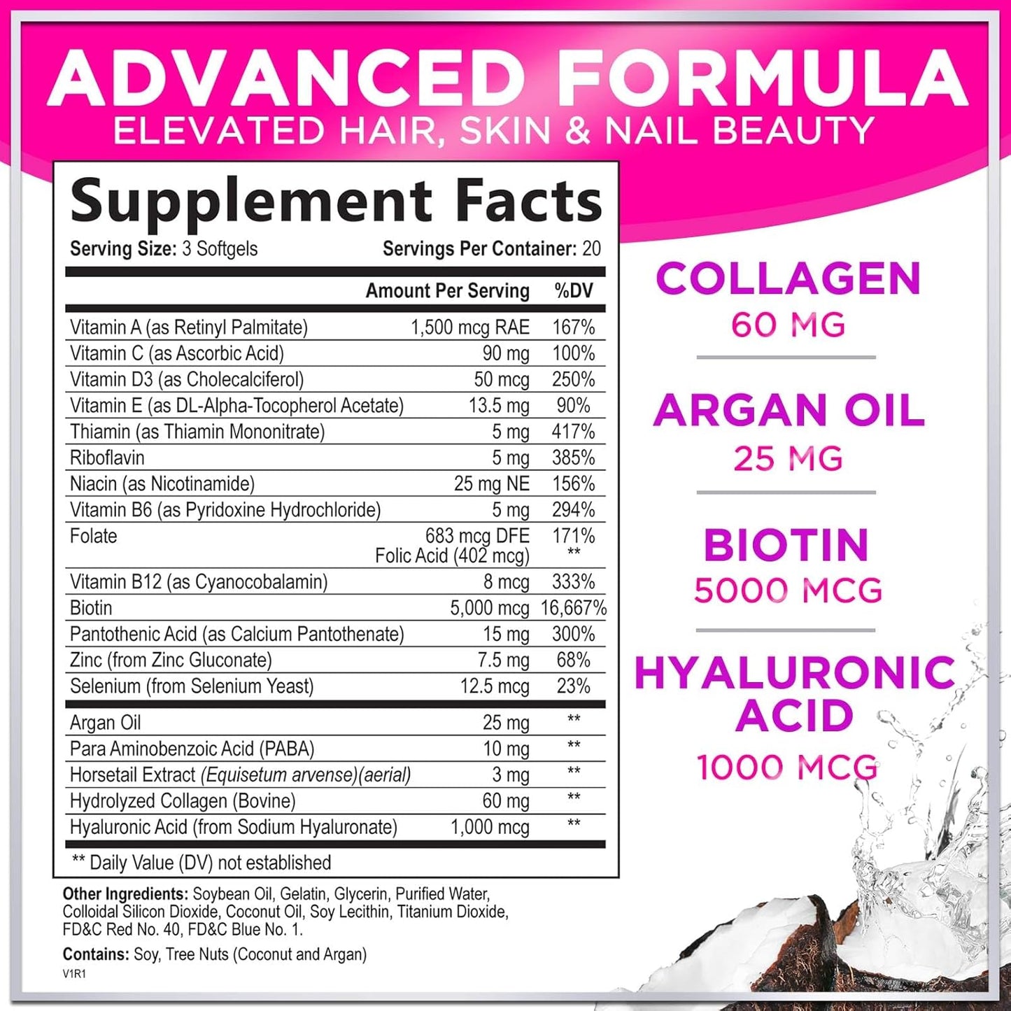Women's Hair Growth Support Supplement with Biotin 5000mcg, Argan Oil, Collagen & Hyaluronic Acid - Hair, Skin & Nails Health - 60 Softgels