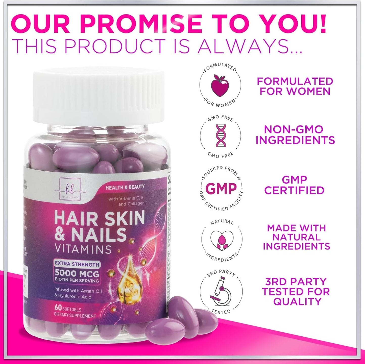 Women's Hair Growth Support Supplement with Biotin 5000mcg, Argan Oil, Collagen & Hyaluronic Acid - Hair, Skin & Nails Health - 60 Softgels