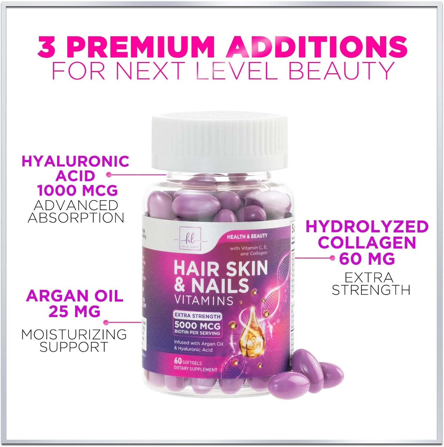 Women's Hair Growth Support Supplement with Biotin 5000mcg, Argan Oil, Collagen & Hyaluronic Acid - Hair, Skin & Nails Health - 60 Softgels