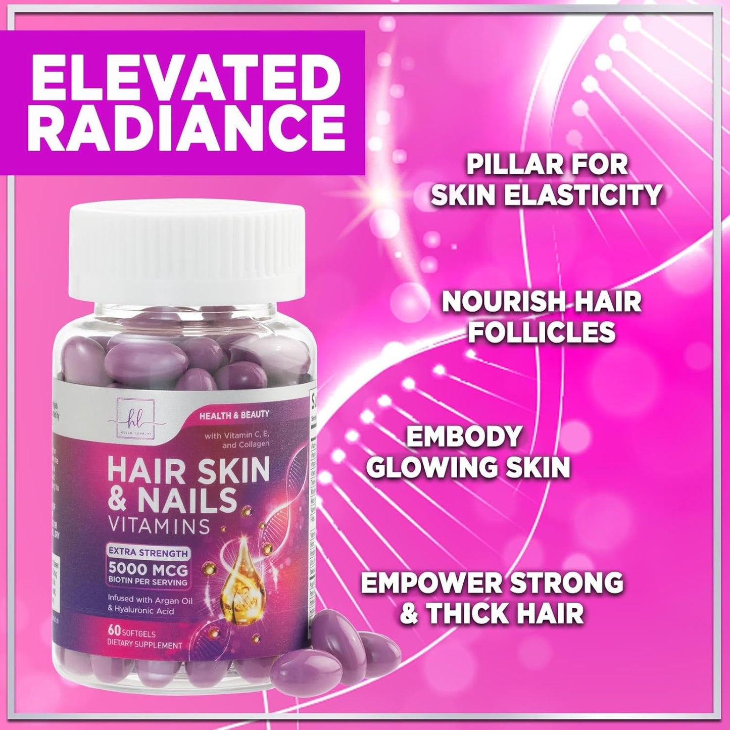 Women's Hair Growth Support Supplement with Biotin 5000mcg, Argan Oil, Collagen & Hyaluronic Acid - Hair, Skin & Nails Health - 60 Softgels