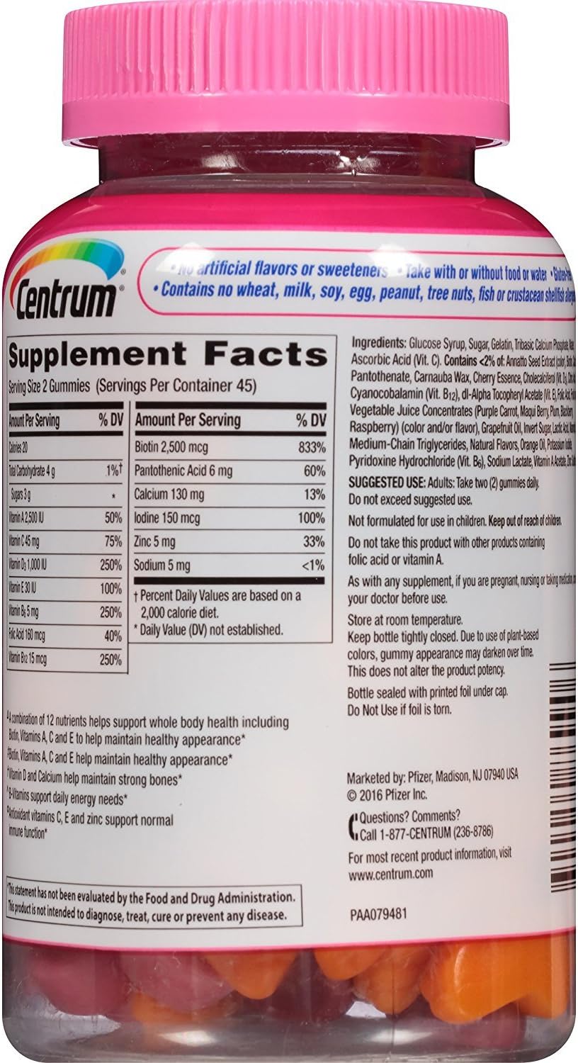 Women's Hair, Skin, and Nails Multivitamin Gummies - 90 Count with Antioxidants and Vitamin D3, Cherry/Berry/Orange Flavors