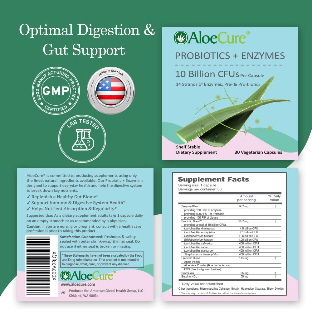 Women's Health Probiotics with 10 Billion CFU, Enzymes, Prebiotics, & Aloe Vera - Full Spectrum Gut Support for Men and Women - 60ct