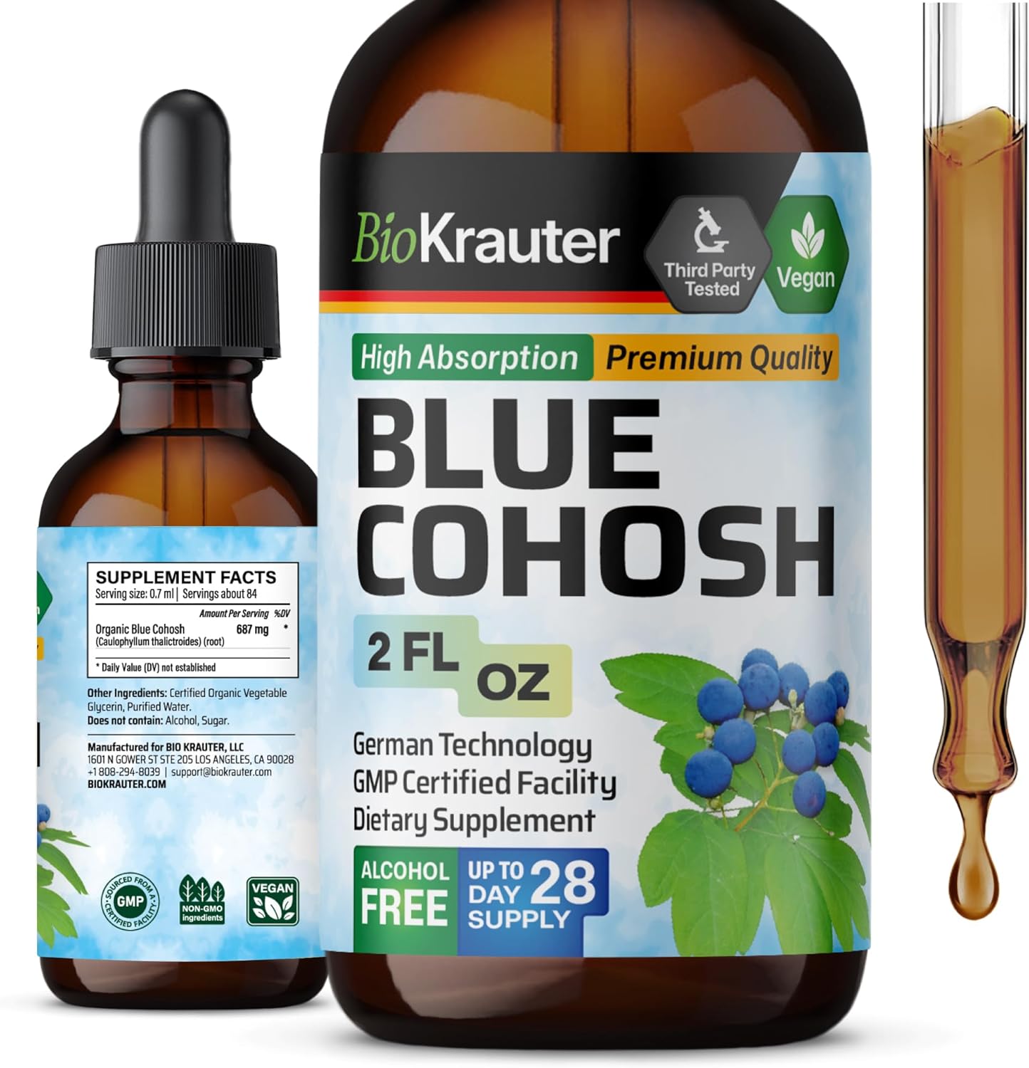 Women's Health Support: Blue Cohosh Tincture - Alcohol & Sugar Free Extract - 2 Fl.Oz.