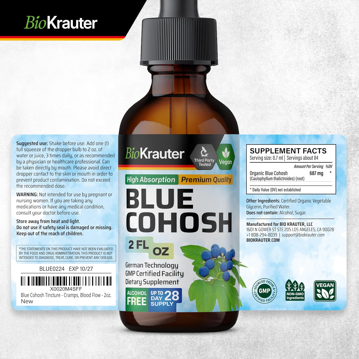 Women's Health Support: Blue Cohosh Tincture - Alcohol & Sugar Free Extract - 2 Fl.Oz.