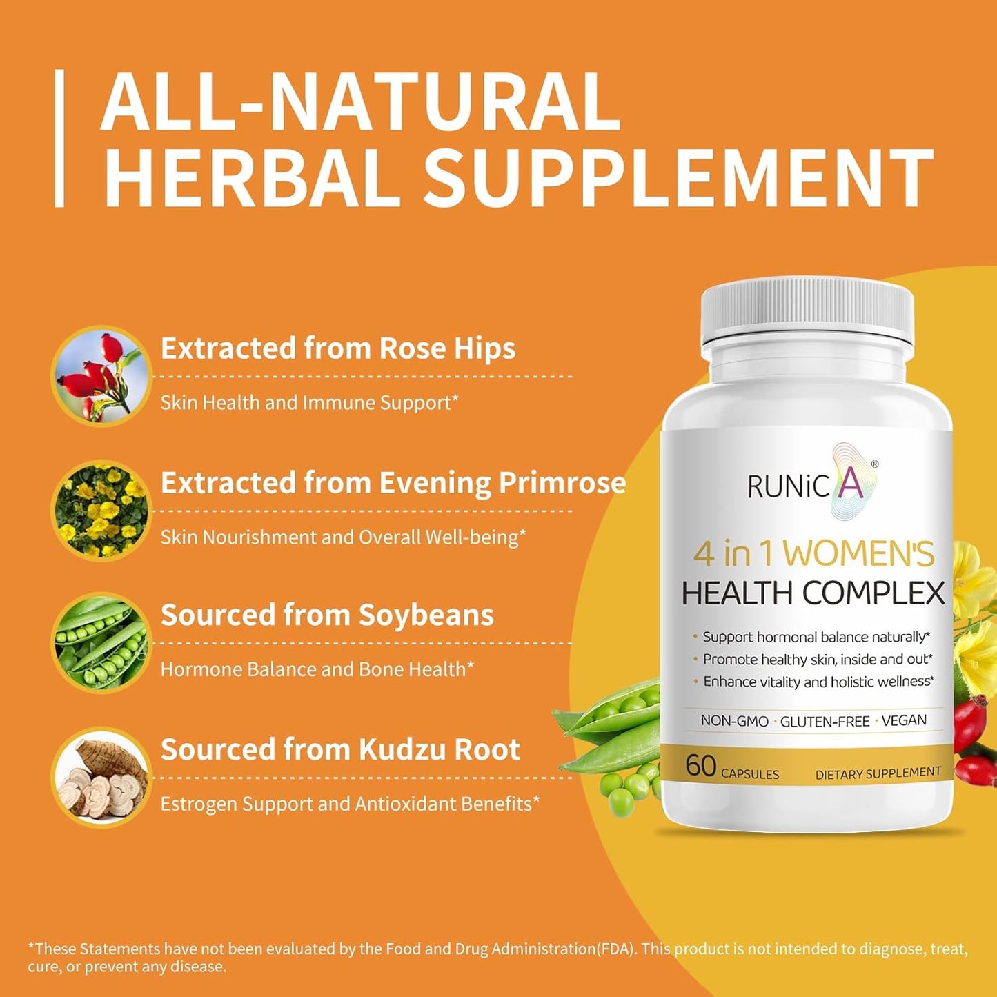 Women's Hormonal Balance & Skin Health Supplement with Rose Hip, Soy Isoflavones, Evening Primrose & Pueraria Mirifica Extract - 120 Gluten-Free Vegan Capsules