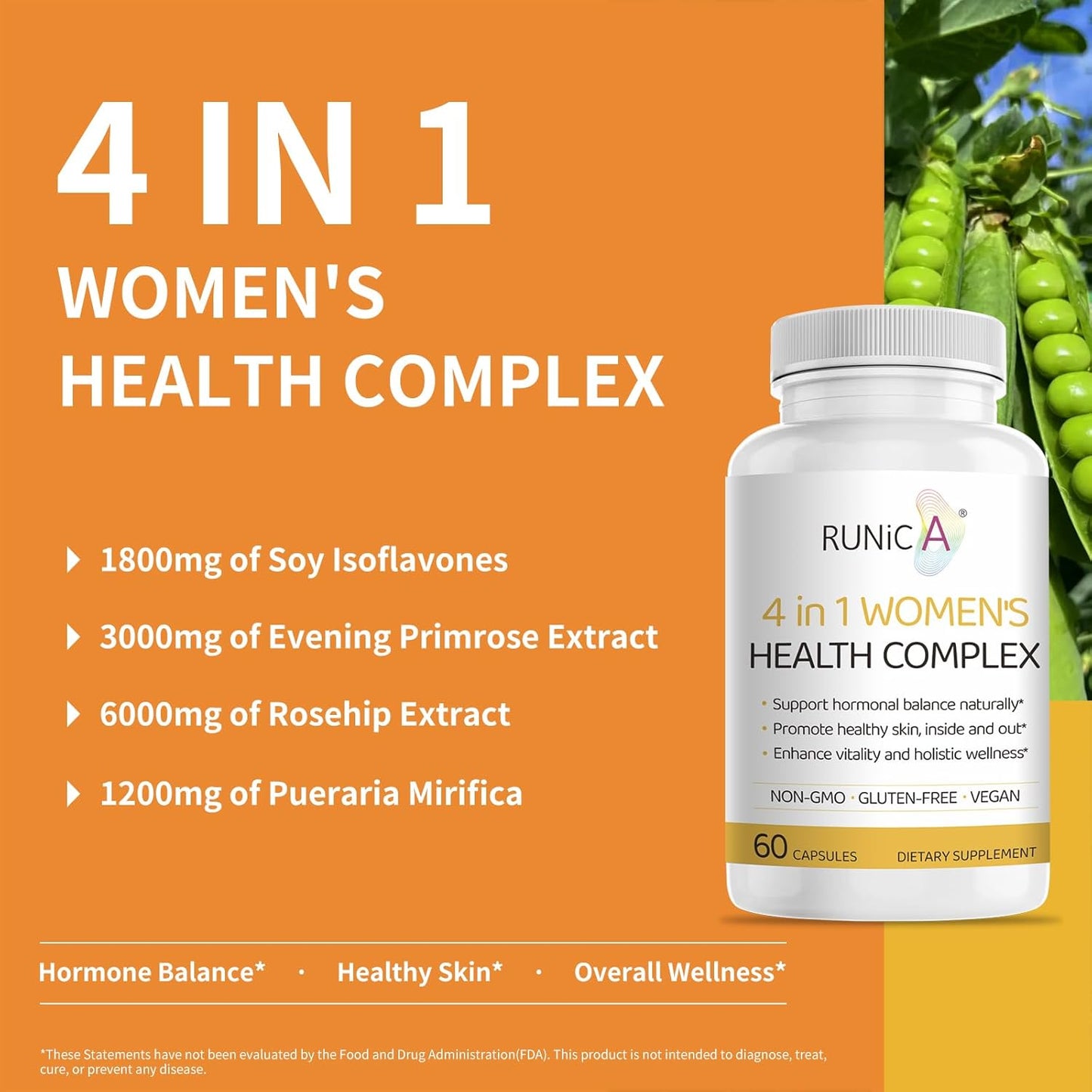 Women's Hormonal Balance & Skin Health Supplement with Rose Hip, Soy Isoflavones, Evening Primrose & Pueraria Mirifica Extract - 120 Gluten-Free Vegan Capsules