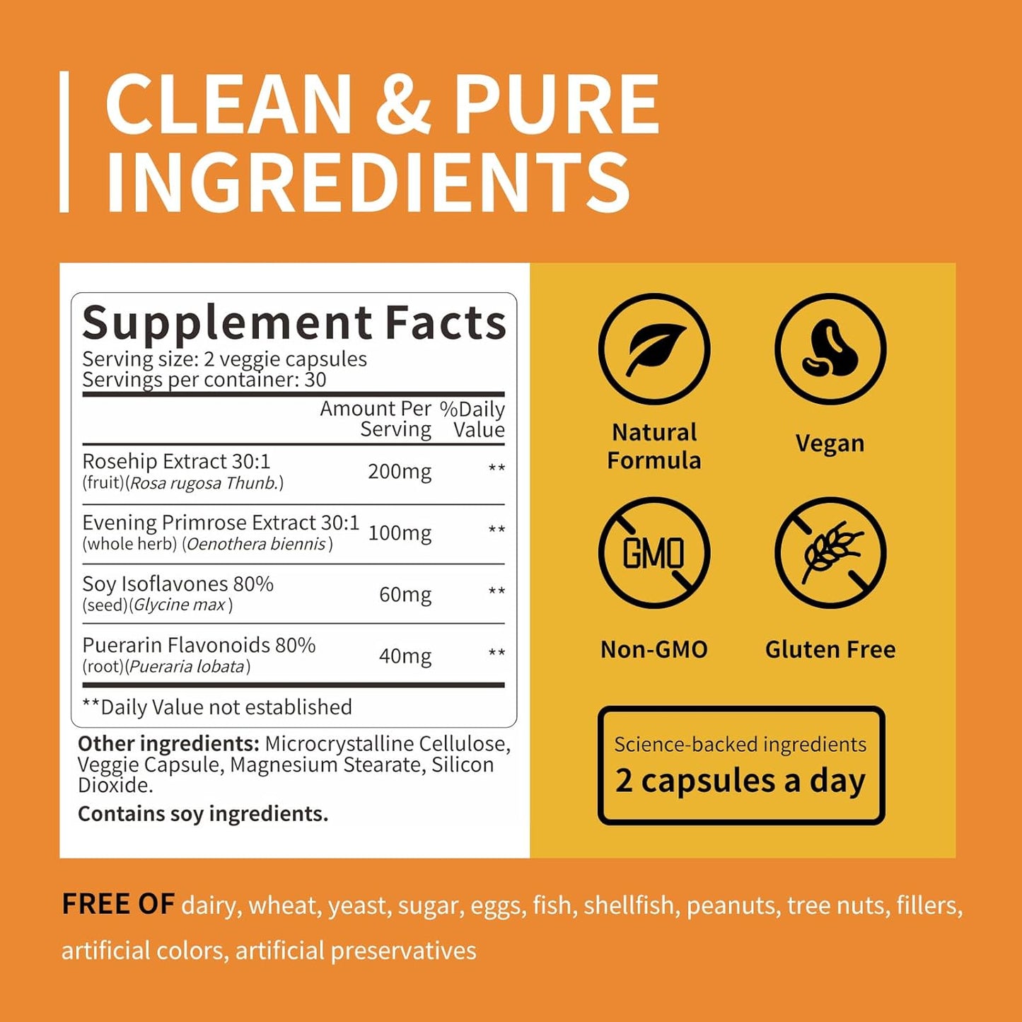 Women's Hormonal Balance & Skin Health Supplement with Rose Hip, Soy Isoflavones, Evening Primrose & Pueraria Mirifica Extract - 120 Gluten-Free Vegan Capsules