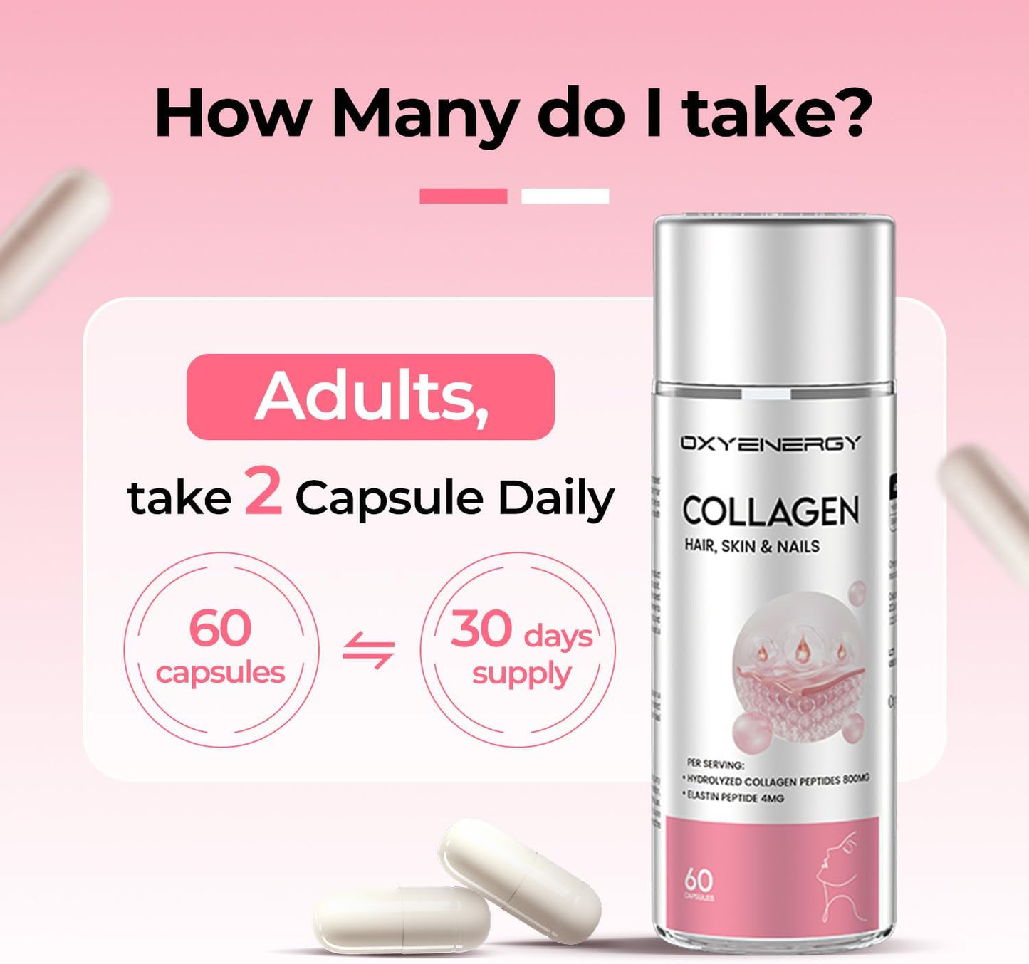 Women's Hydrolyzed Collagen Capsules with Elastin Peptides, 800mg - Promotes Hair, Skin, Nails - 60 Pills