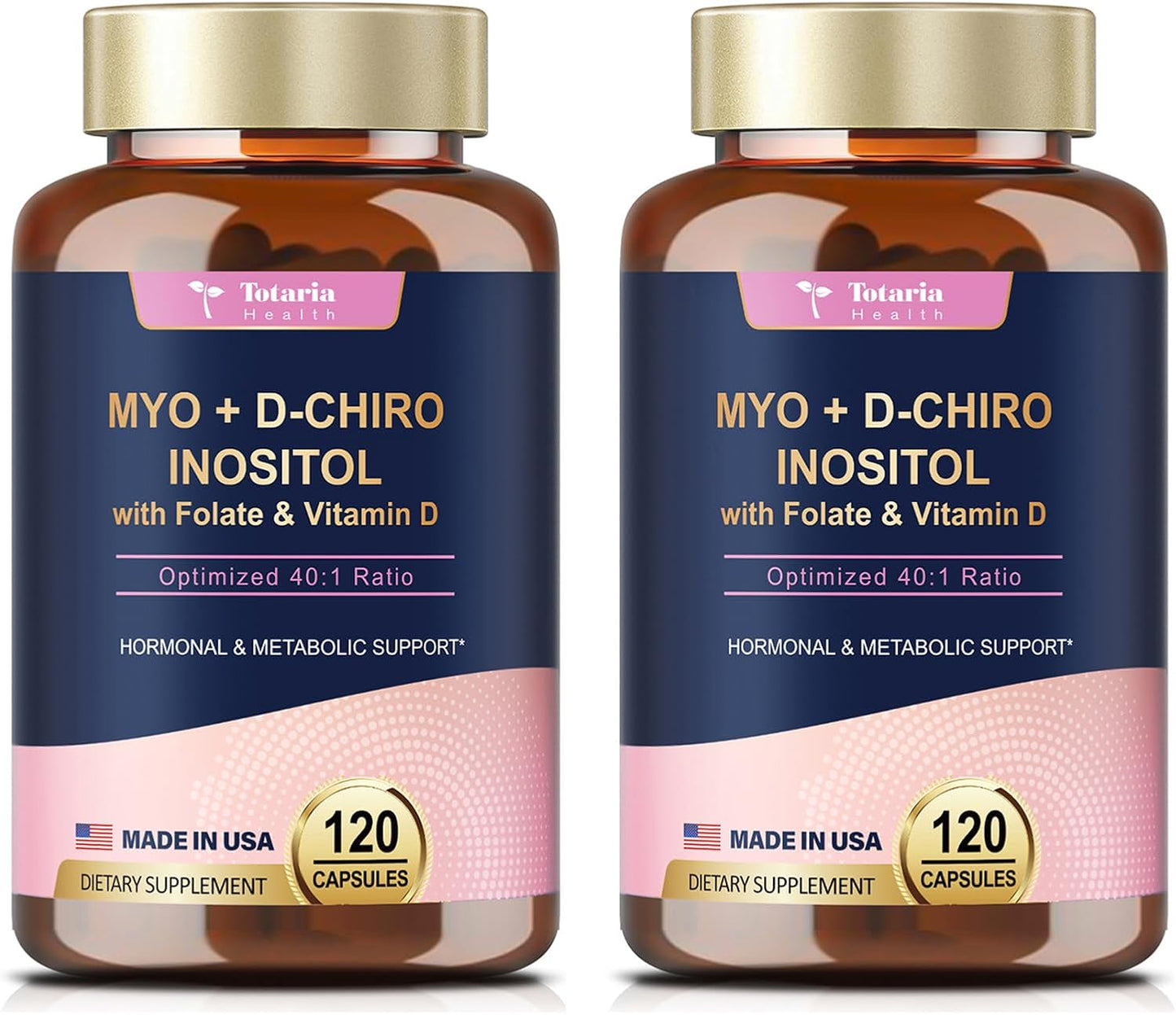 Women's Inositol Supplement with Vitamin D3, Folate, 40:1 Ratio Myo-Inositol & D-Chiro Inositol Complex, Inositol Capsules - Pack of 2