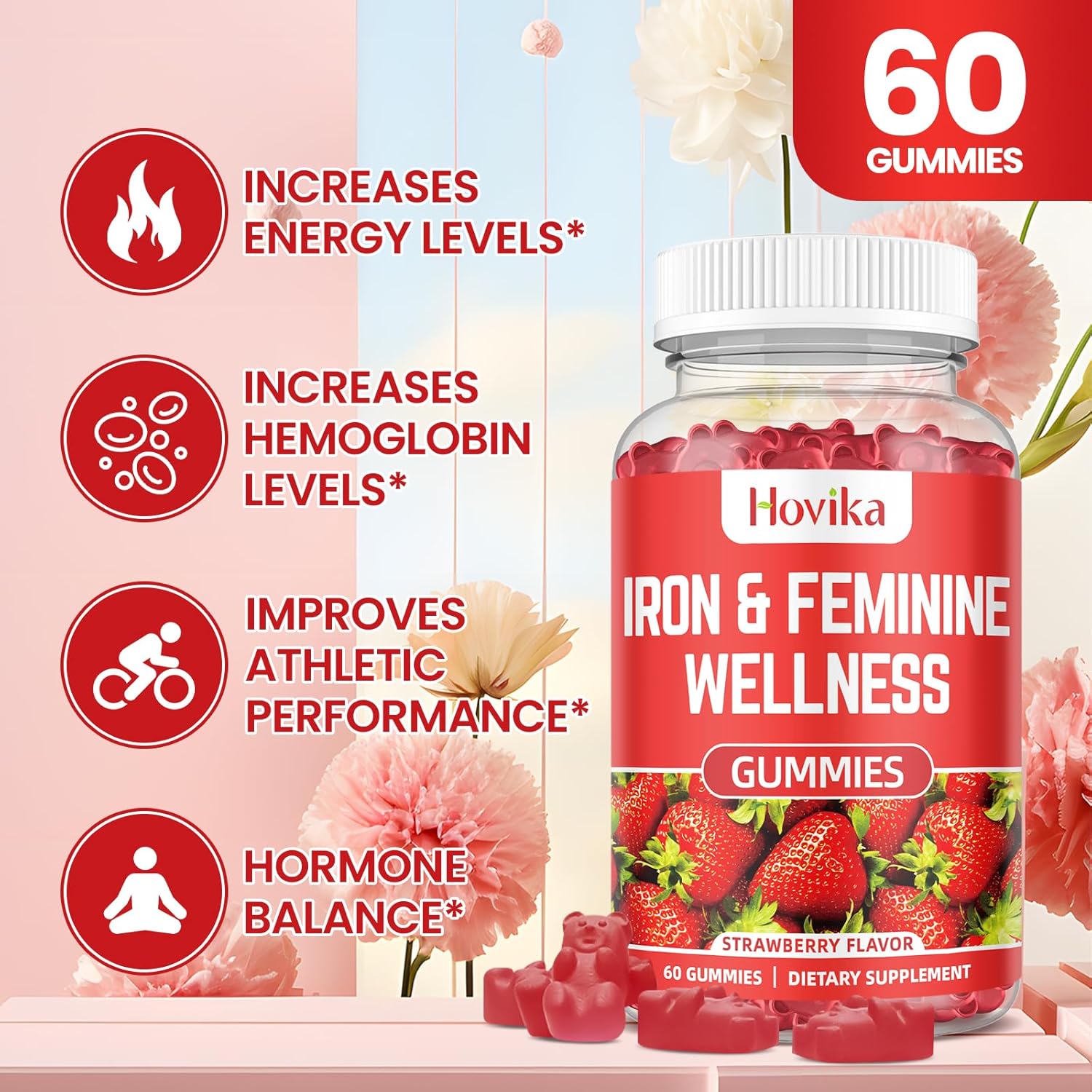 Women's Iron Gummies with Multivitamin - 40mg Iron Supplement for Anemia, Zinc, Selenium, Iodine - Natural PMS Support - Strawberry Flavour - 60 Count