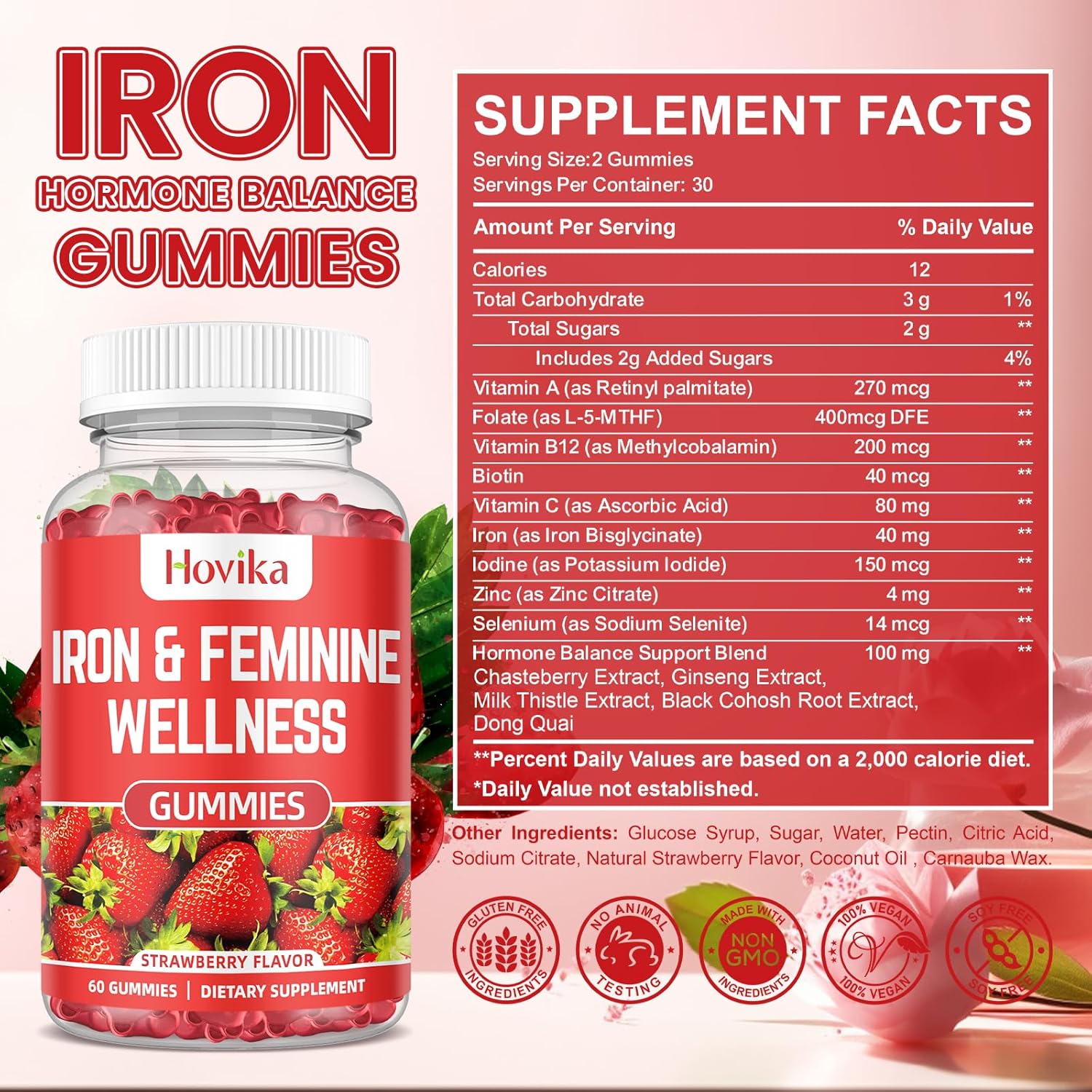 Women's Iron Gummies with Multivitamin - 40mg Iron Supplement for Anemia, Zinc, Selenium, Iodine - Natural PMS Support - Strawberry Flavour - 60 Count