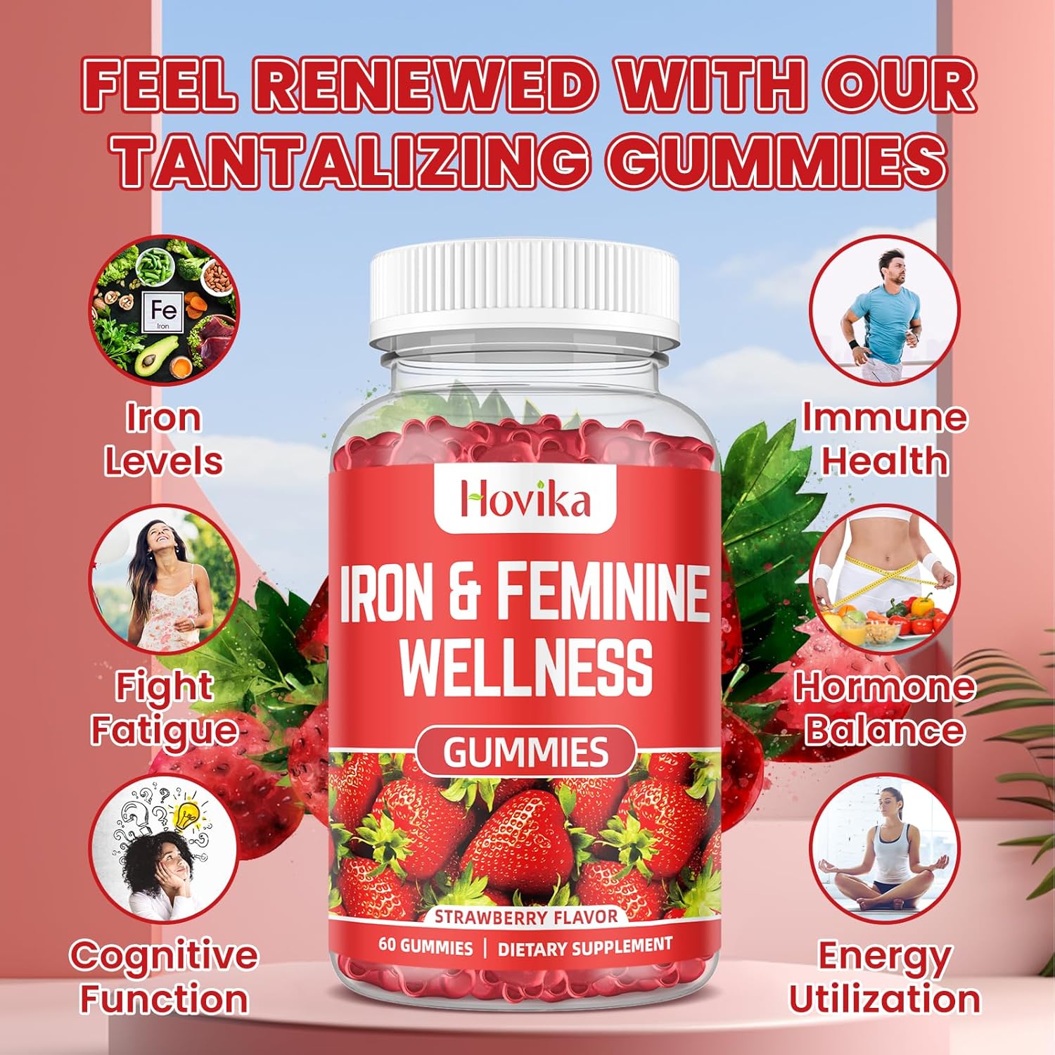 Women's Iron Gummies with Multivitamin - 40mg Iron Supplement for Anemia, Zinc, Selenium, Iodine - Natural PMS Support - Strawberry Flavour - 60 Count
