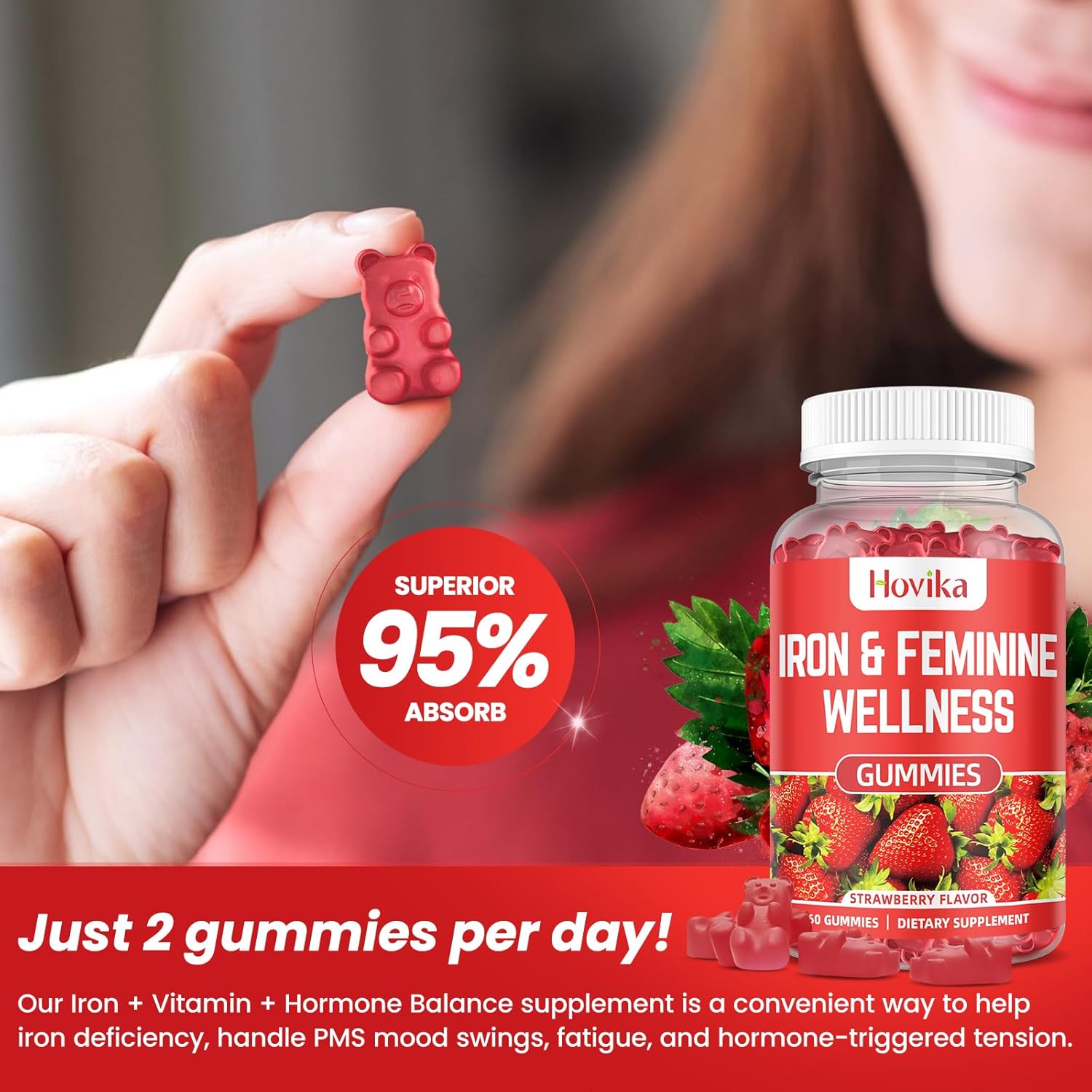 Women's Iron Gummies with Multivitamin - 40mg Iron Supplement for Anemia, Zinc, Selenium, Iodine - Natural PMS Support - Strawberry Flavour - 60 Count