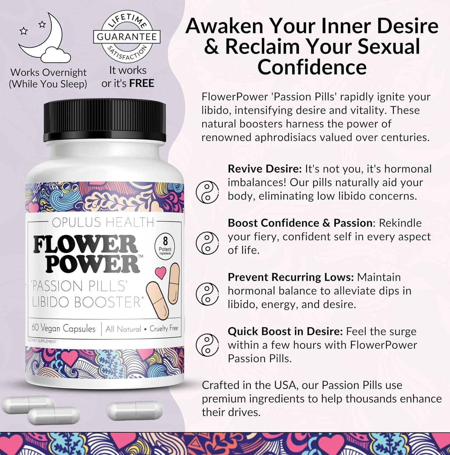 Women's Libido Enhancer Pills - Natural Energy Booster for Women - 60 Vegan Capsules - Flower Power Passion Boost