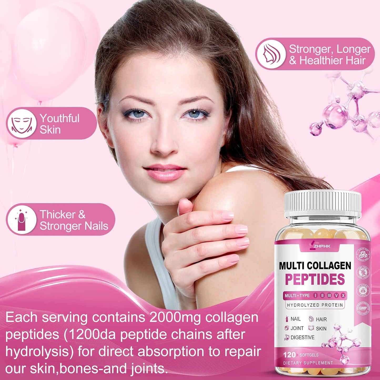 Women's Multi Collagen Peptides Softgels - 2000mg Complex with Hyaluronic Acid, Biotin, Vitamin C - Skin, Hair, Nail, Joint Support - 120 Count