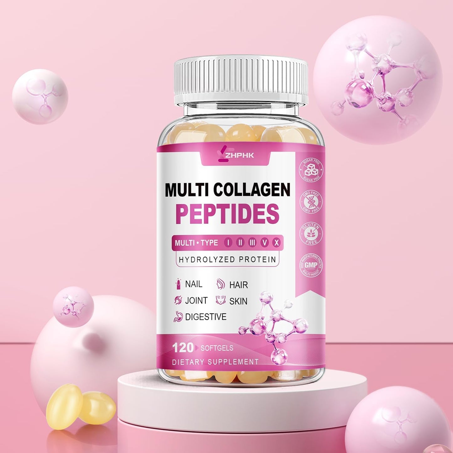 Women's Multi Collagen Peptides Softgels - 2000mg Complex with Hyaluronic Acid, Biotin, Vitamin C - Skin, Hair, Nail, Joint Support - 120 Count