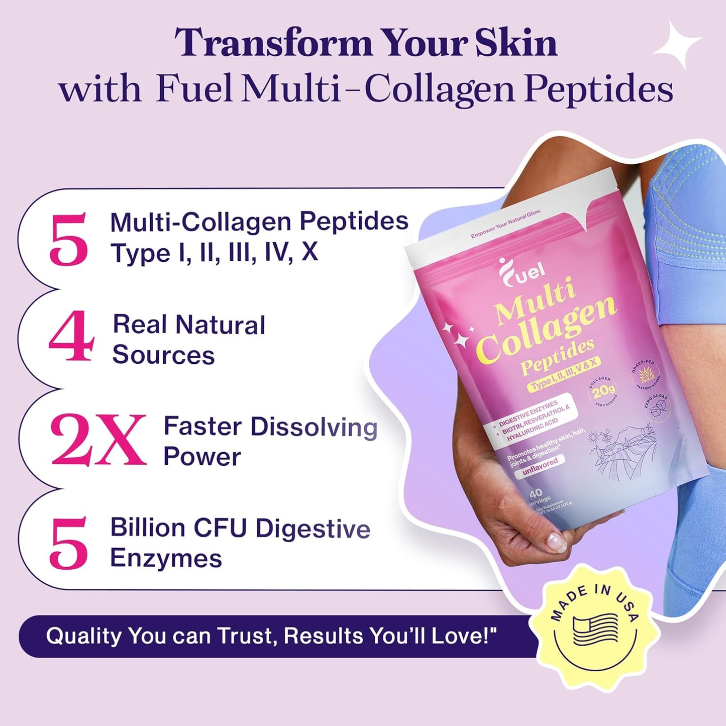 Women's Multi Collagen Protein Powder with Resveratrol Extract - Hydrolyzed Peptides for Skin, Hair, and Nails - Hyaluronic Acid & Biotin - Unflavored