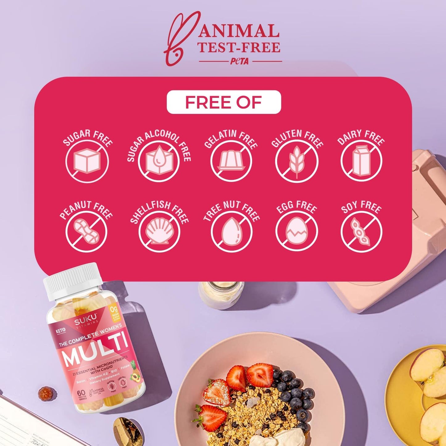 Women's Multi Vitamin Gummies with Boron, Vitamin K2, B12, A - Non GMO, Gluten & Sugar Free - Pineapple & Peach Flavor, 60 Count