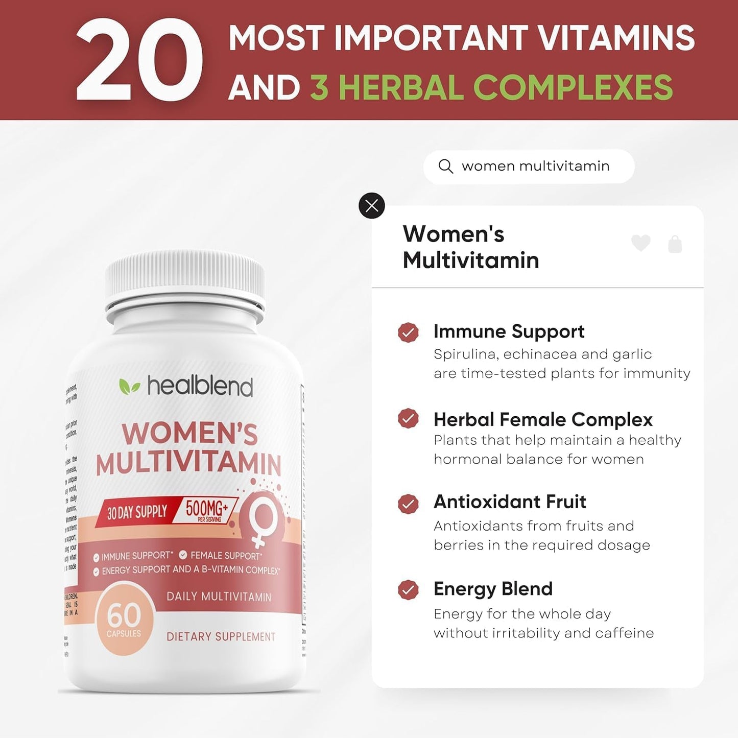Women's Multivitamin with Biotin - Iron-Free Formula for General Health, Energy, and Immunity - 60 Capsules by Healblend