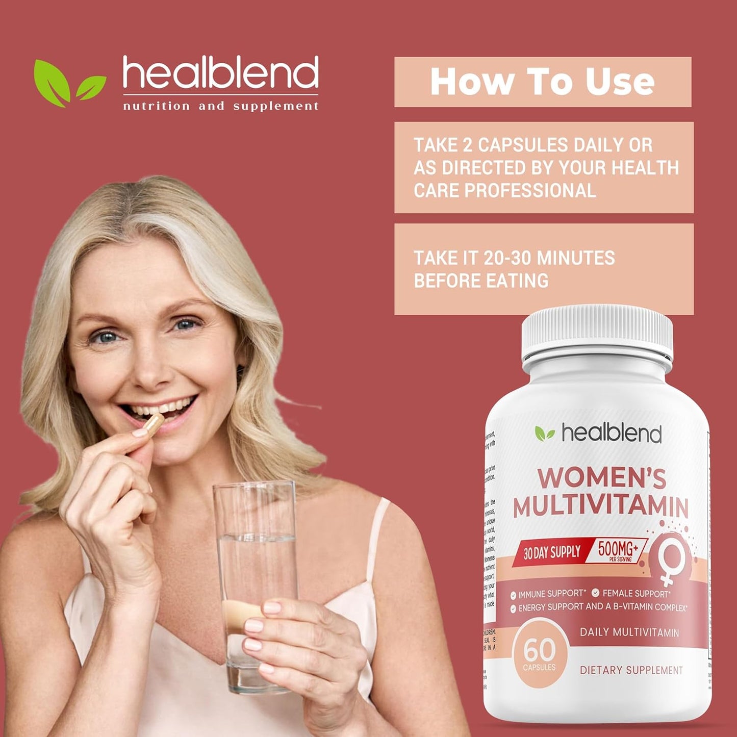 Women's Multivitamin with Biotin - Iron-Free Formula for General Health, Energy, and Immunity - 60 Capsules by Healblend