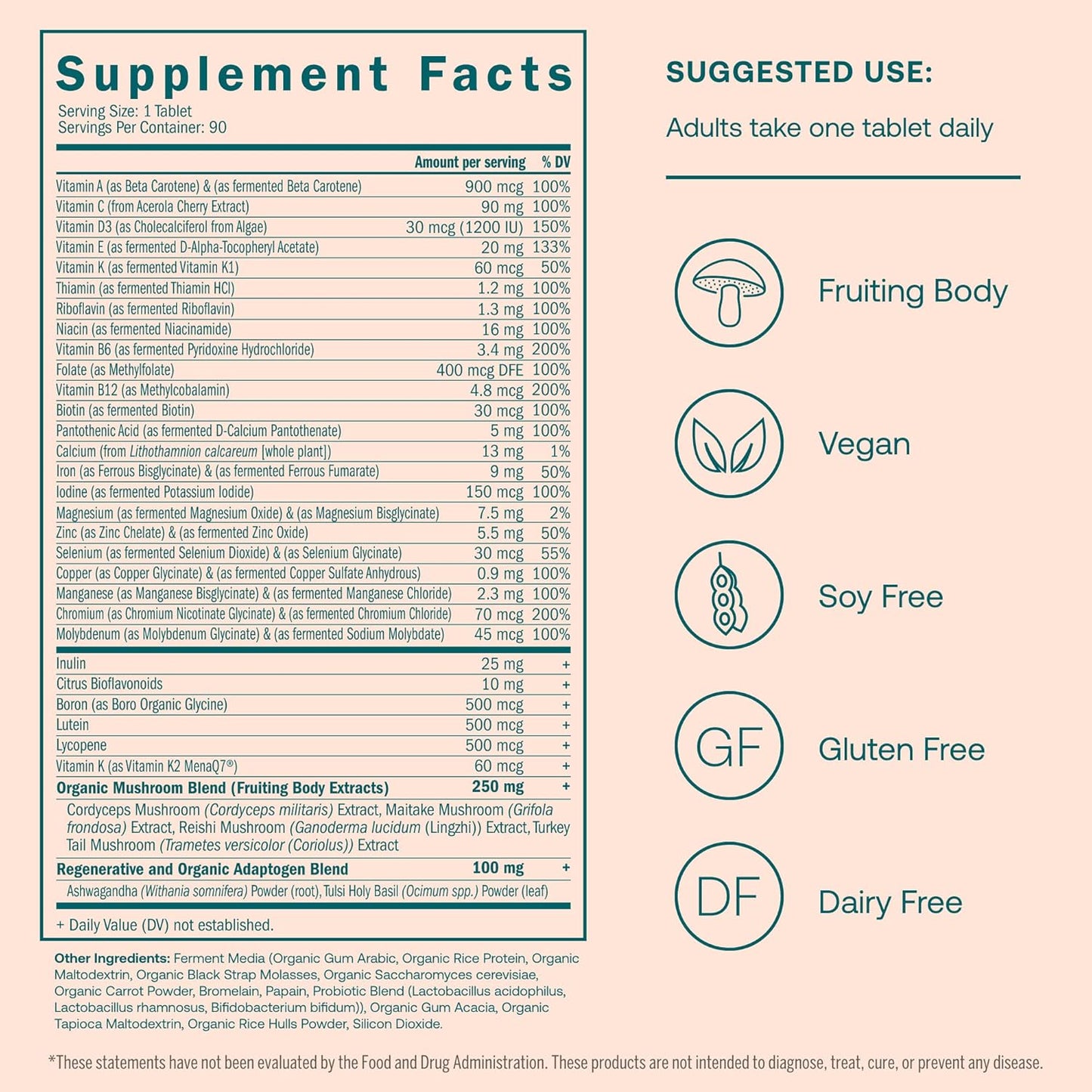 Women's Multivitamin with Fermented Minerals, Organic Adaptogens, Mushrooms - Immune & Energy Support - Non-GMO, Gluten Free, Soy Free - 90 Vegan Tablets