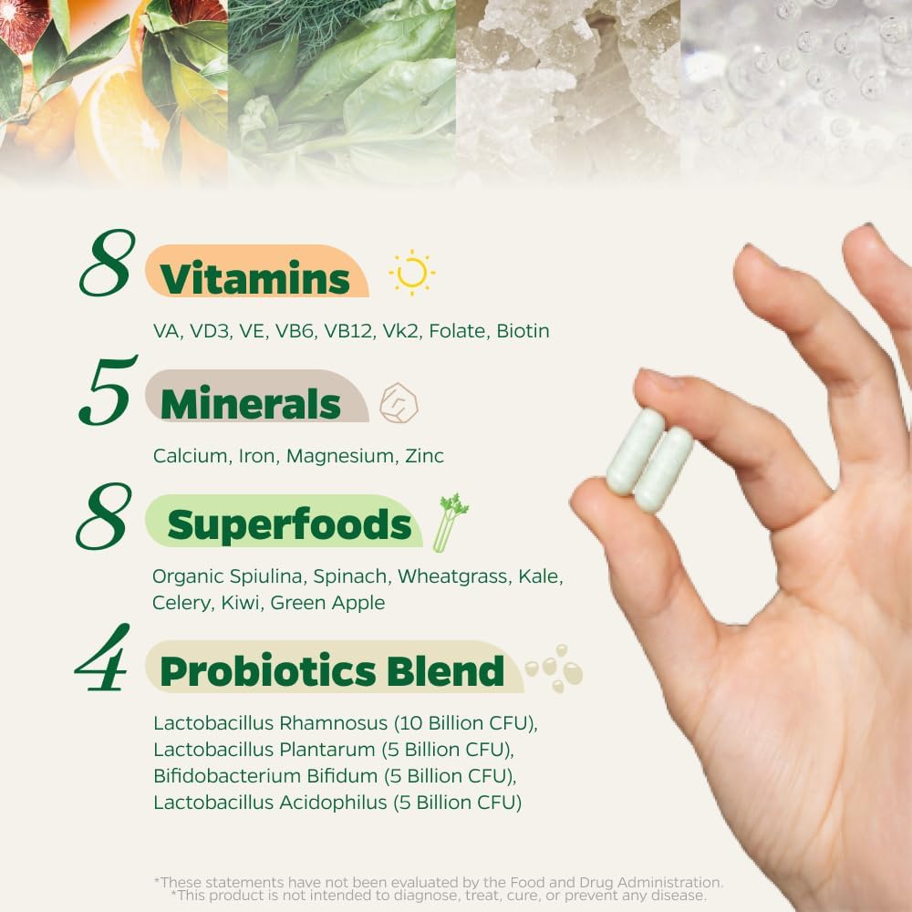 Women's Multivitamin with Organic Whole Foods, Probiotics, Immunity & Energy Support, Vegan D3, K2, Folate, Superfoods (60 Capsules)