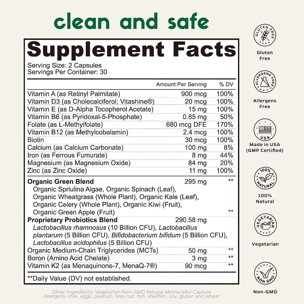 Women's Multivitamin with Organic Whole Foods, Probiotics, Immunity & Energy Support, Vegan D3, K2, Folate, Superfoods (60 Capsules)