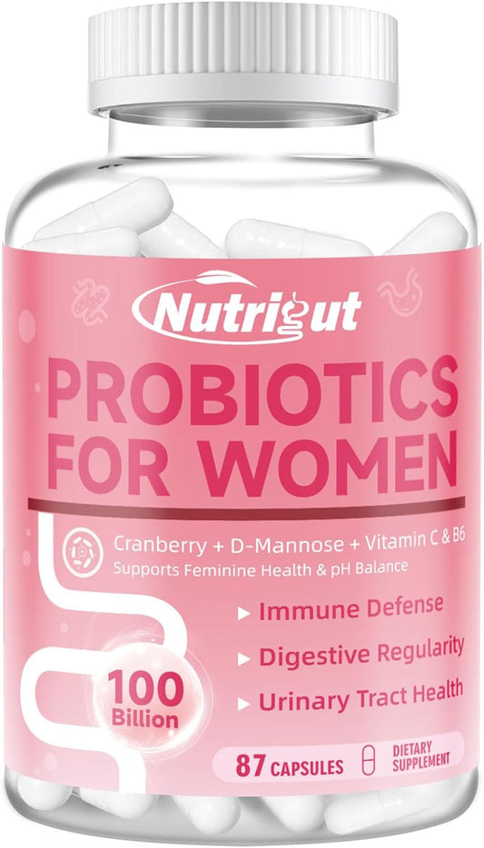 Women's NutriGut Probiotics: 100 Billion CFUs with Prebiotics, Enzymes, Cranberry, D-Mannose - Gut & Vaginal Health, Urinary Tract Support, pH Balance - 87 Capsules