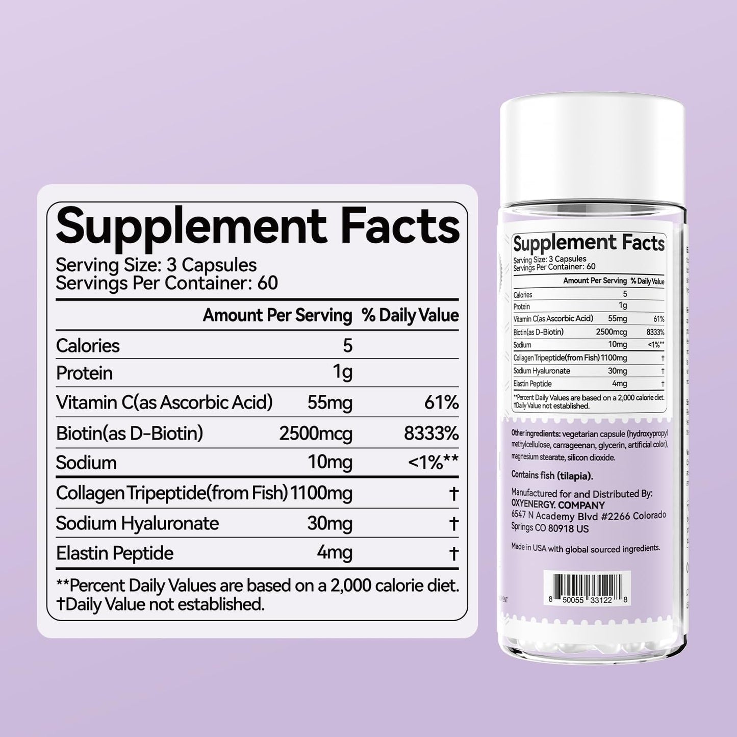 Women's OxyEnergy Collagen Peptides Capsules: 1100mg Hydrolyzed Tripeptides with Biotin & Vitamin C, 180 Pills for Hair, Nail, Skin - 2 Month Supply