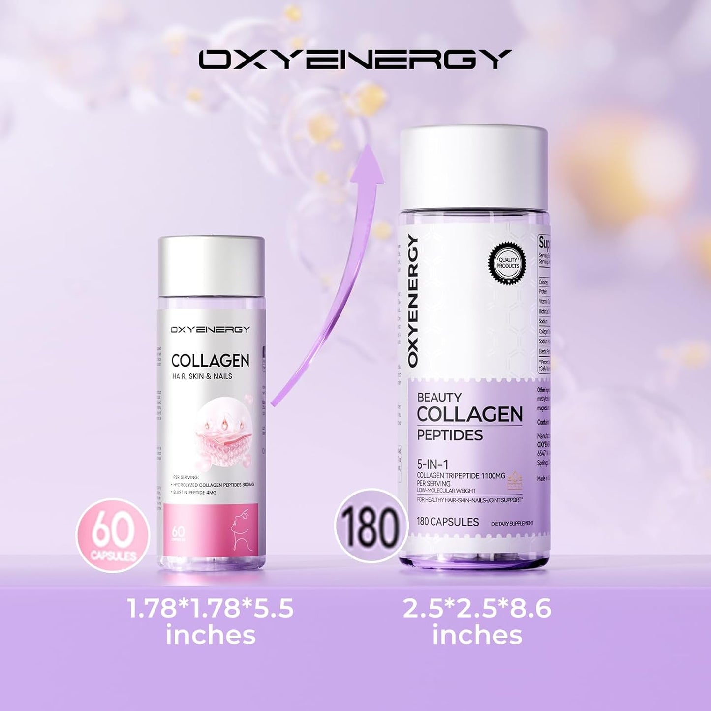 Women's OxyEnergy Collagen Peptides Capsules: 1100mg Hydrolyzed Tripeptides with Biotin & Vitamin C, 180 Pills for Hair, Nail, Skin - 2 Month Supply