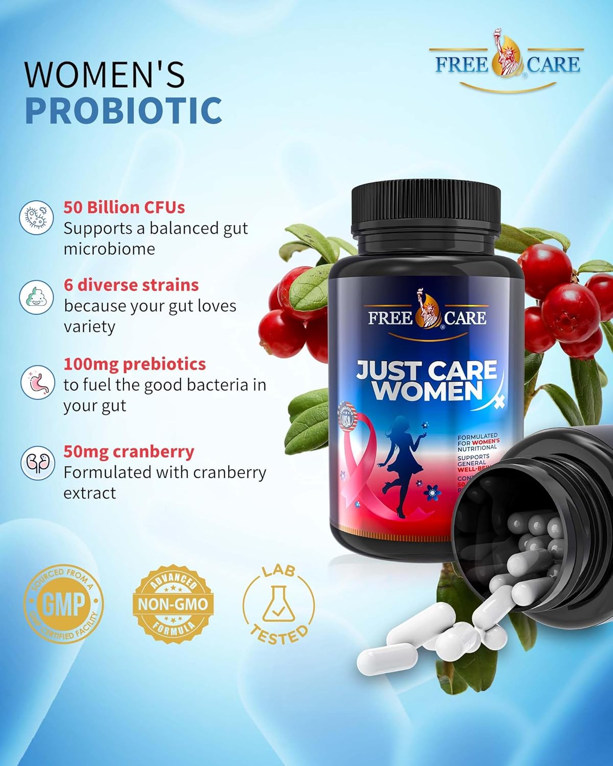 Women's Probiotic 50 Billion CFU Supplement with 8 Strains, Cranberry Extract, Acidophilus, Prebiotics & Selenium - 60 Capsules for Digestive & Feminine Health - Gluten & Dairy Free