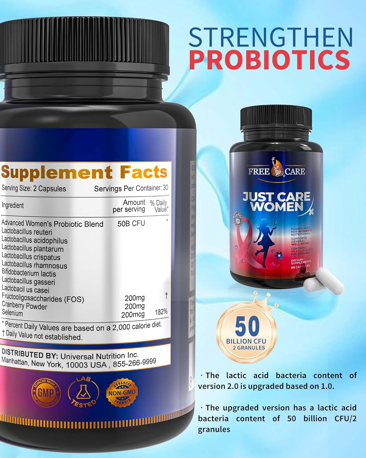 Women's Probiotic 50 Billion CFU Supplement with 8 Strains, Cranberry Extract, Acidophilus, Prebiotics & Selenium - 60 Capsules for Digestive & Feminine Health - Gluten & Dairy Free