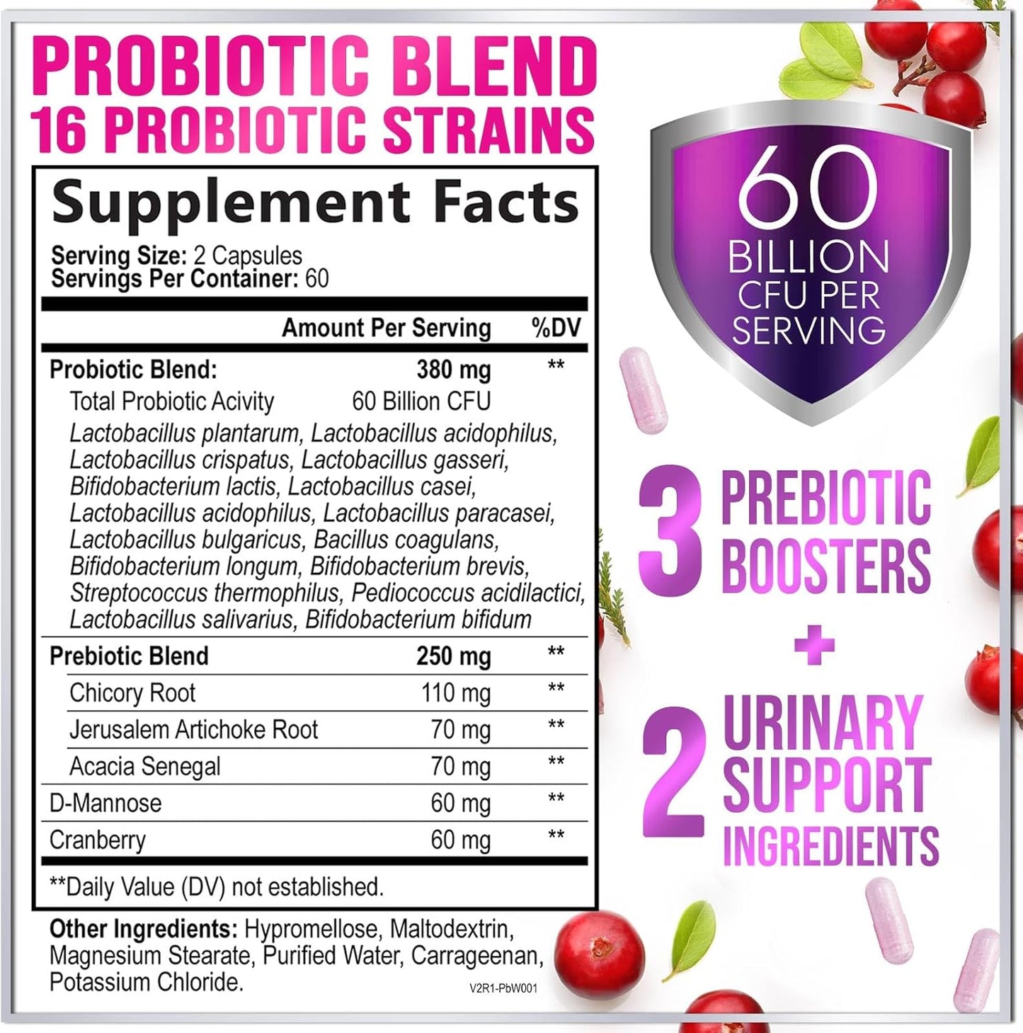 Women's Probiotic 60 Billion CFU, 16 Strains for pH Balance, Vaginal & Digestive Health, Prebiotic + Cranberry - 120 Capsules
