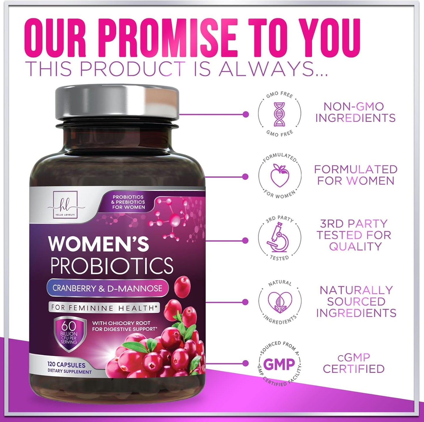 Women's Probiotic 60 Billion CFU, 16 Strains for pH Balance, Vaginal & Digestive Health, Prebiotic + Cranberry - 120 Capsules