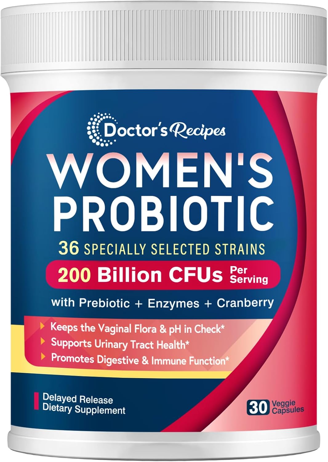Women's Probiotic Blend with 200 Billion CFUs, 36 Strains, Prebiotics, Enzymes, Cranberry - Supports Vaginal, Urinary, Digestive & Immune Health - 30 Capsules