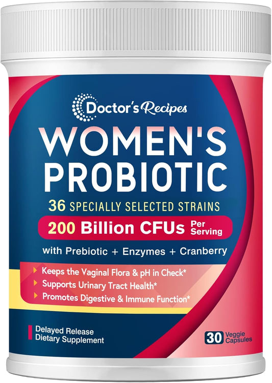 Women's Probiotic Blend with 200 Billion CFUs, 36 Strains, Prebiotics, Enzymes, Cranberry - Supports Vaginal, Urinary, Digestive & Immune Health - 30 Capsules