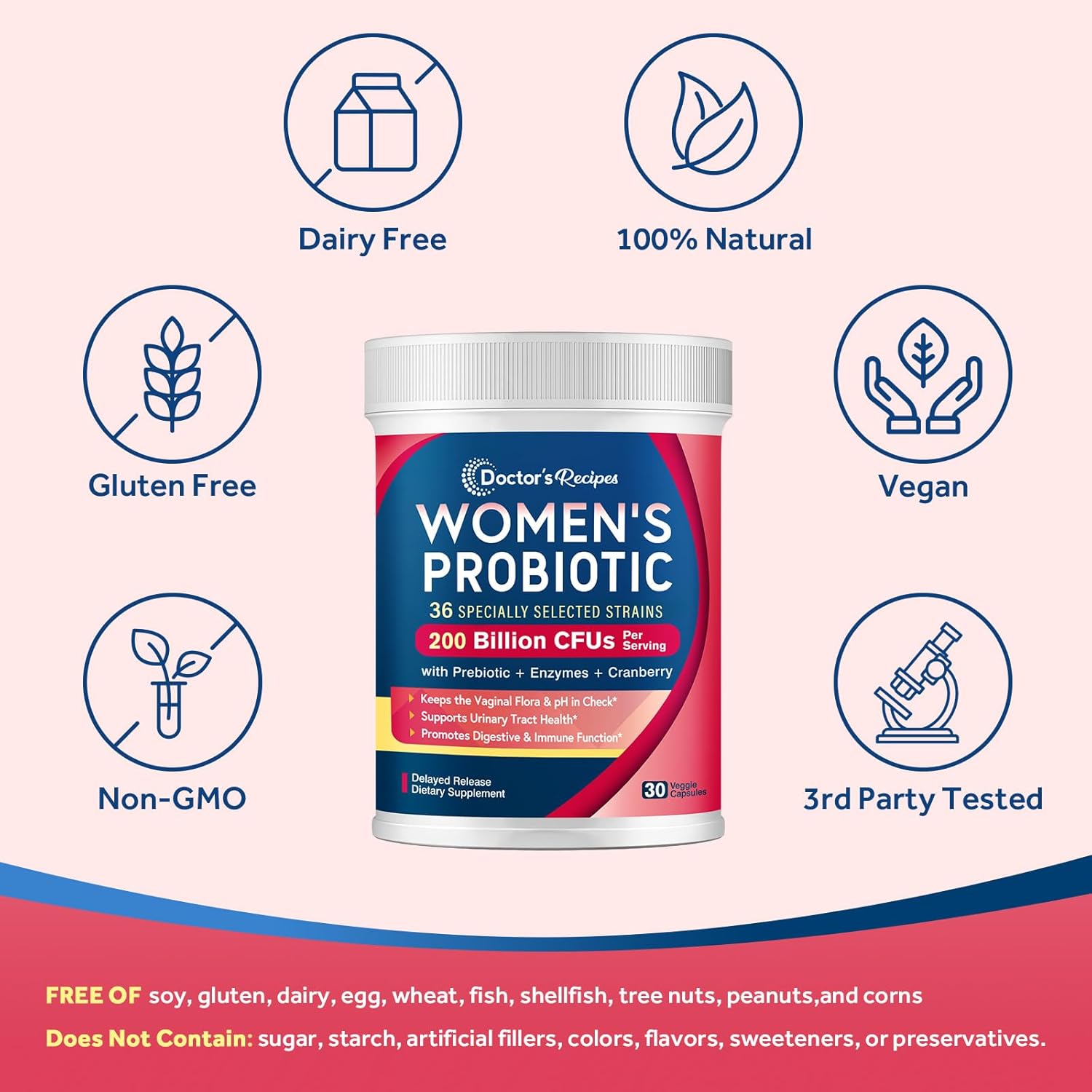 Women's Probiotic Blend with 200 Billion CFUs, 36 Strains, Prebiotics, Enzymes, Cranberry - Supports Vaginal, Urinary, Digestive & Immune Health - 30 Capsules