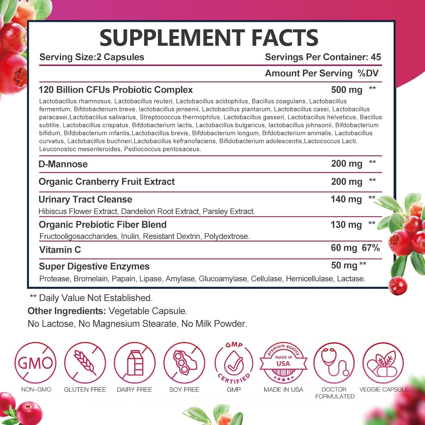 Women's Probiotic Blend with 31 Strains, 120 Billion CFU, Digestive Enzymes, Prebiotics, D Mannose, Cranberry - Supports Digestive & Vaginal Health, Urinary Tract - 90 Capsules