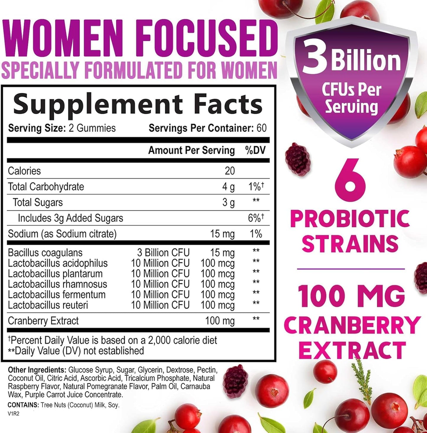Women's Probiotic Gummies for Digestive & Vaginal Health - 3 Billion CFU with 6 Strains & Cranberry - Non-GMO - 120 Gummies