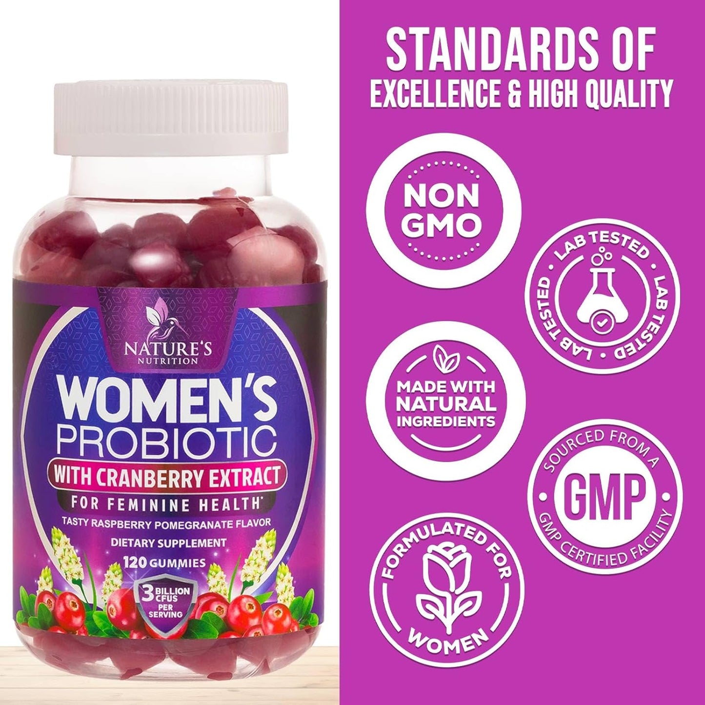 Women's Probiotic Gummies for Digestive & Vaginal Health - 3 Billion CFU with 6 Strains & Cranberry - Non-GMO - 120 Gummies