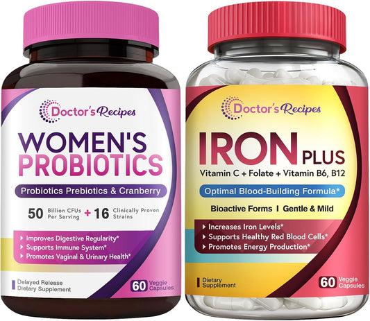 Women's Probiotic & Iron Bundle for Feminine Health & Blood Support - Doctor's Recipes Probiotic & Iron Capsules (60ct each)