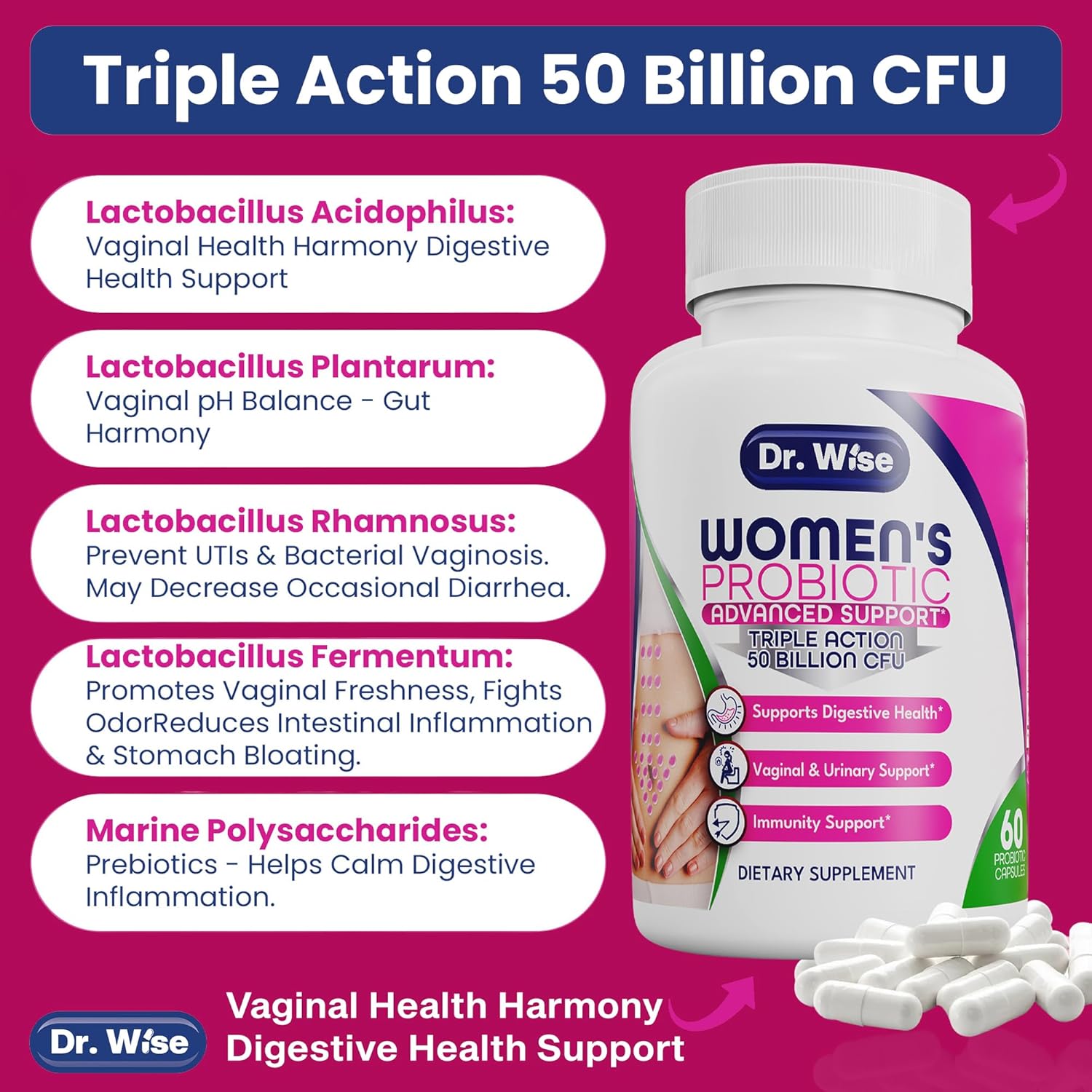 Women's Probiotic Supplement - 50 Billion CFU for Digestive, Vaginal, Urinary & Gut Health - Acidophilus, Reuteri - Made in USA - 60 Count
